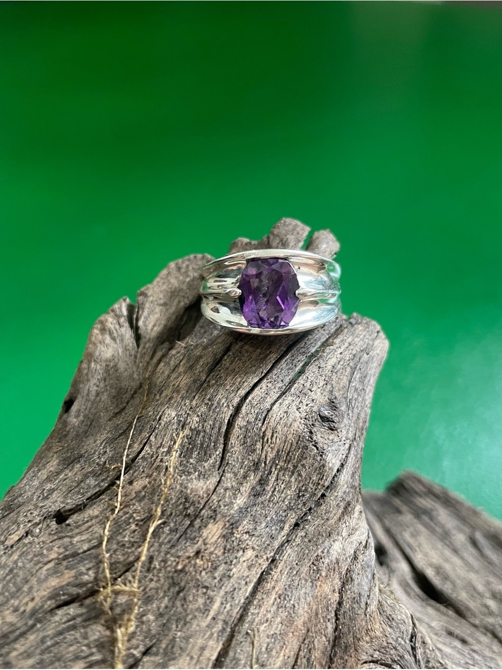 .925 Sterling Silver Amethyst Oval Gem Stone Ring MCM Scandinavian Vtg Size 8